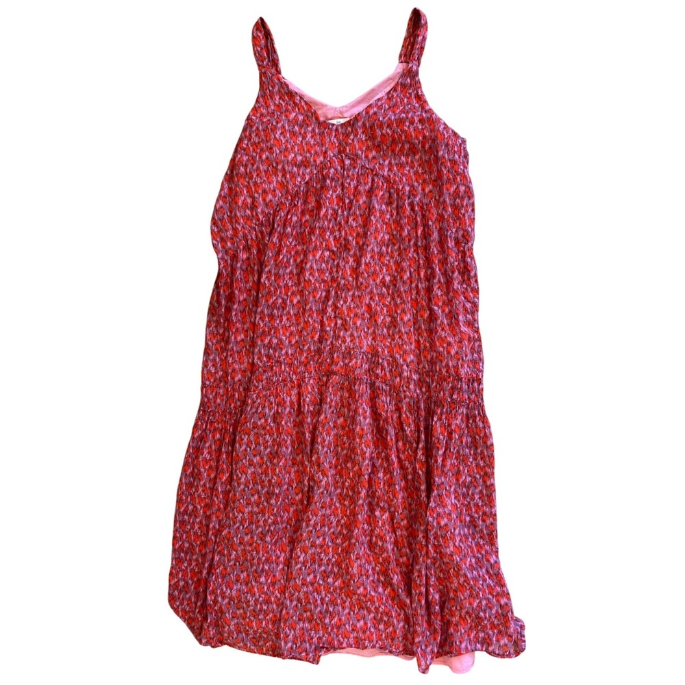 Joie Tea Rose Ikat Print Cotton Midi Dress Red Pink Smocked Tiered V-Neck Medium